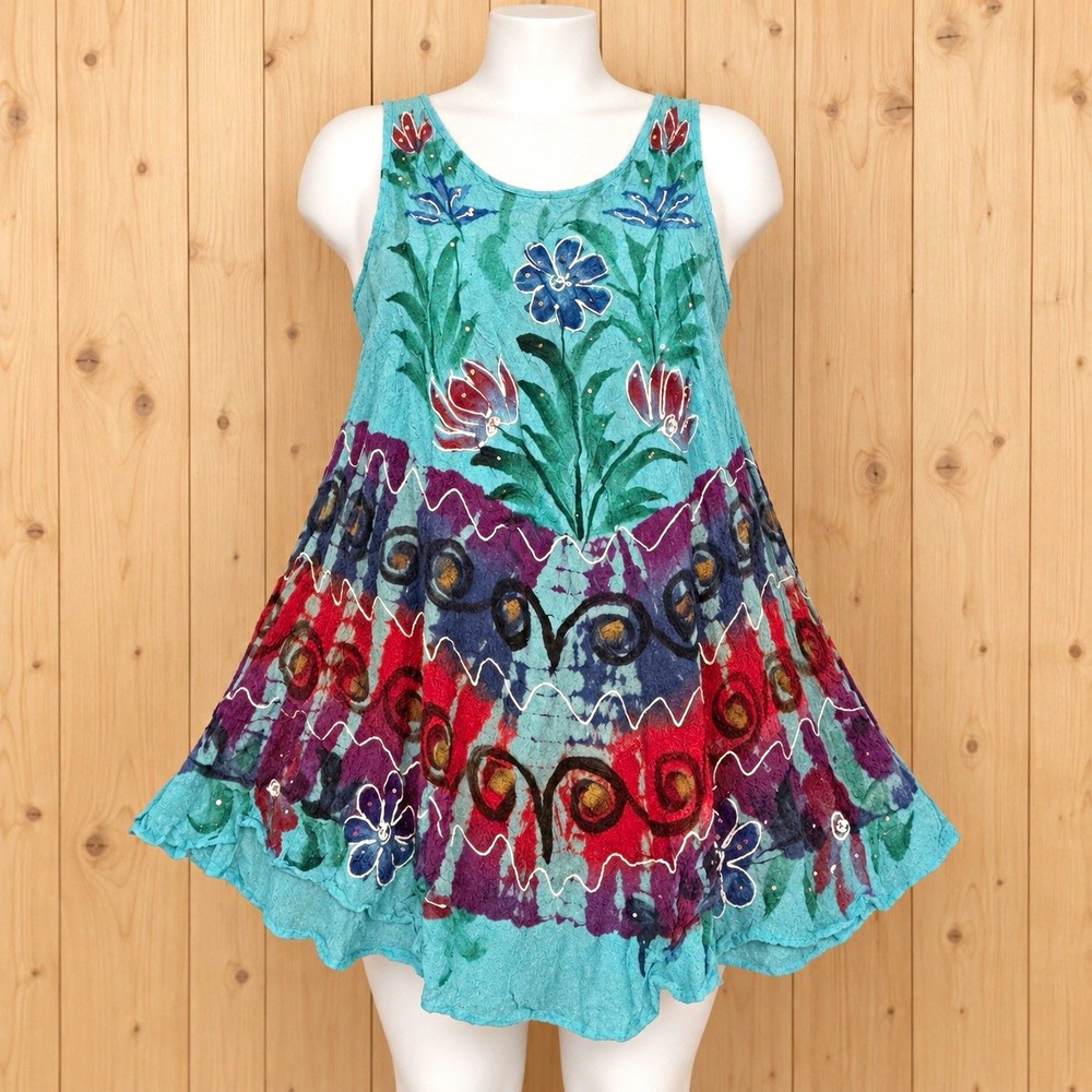 Seven Islands New York Women's 2X Turquoise Floral Beaded Rayon Mini Sundress[A5